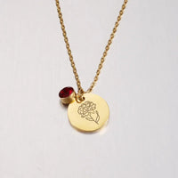 Stainless Steel Birth Month Floral Disc Necklace - 3 Colours - 12 Options