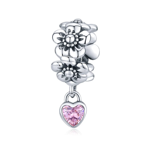 925 Sterling Silver Pink Heart Flowery Charm