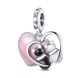 925 Sterling Silver Pink Heart Cats Hanging Charm