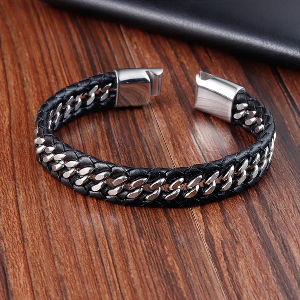 Stainless Steel Braided Rope Leather Bracelet - 5 Designs