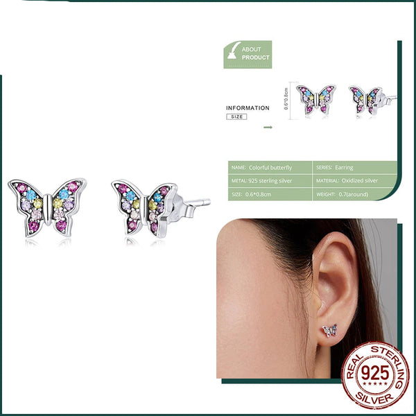 925 Sterling Silver Multi-Colour Butterfly Stud Earrings