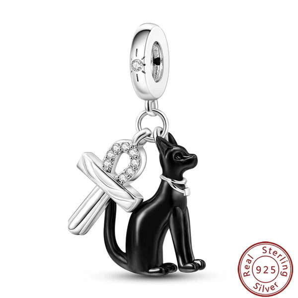 925 Sterling Silver Egyptian Cat and Ankh Charm