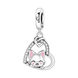 925 Sterling Silver Cute Cat Heart Hanging Charm
