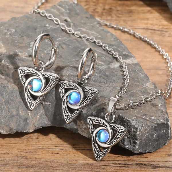 Stainless Steel Celtic Knot Pendant with Moonstone - Necklace/Earrings/Set