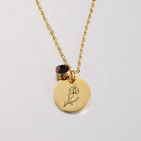 Stainless Steel Birth Month Floral Disc Necklace - 3 Colours - 12 Options