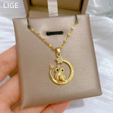 Stainless Steel Crescent Moon/Owl CZ Necklace