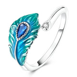 925 Sterling Silver Peacock Glazed Feather Open Ring
