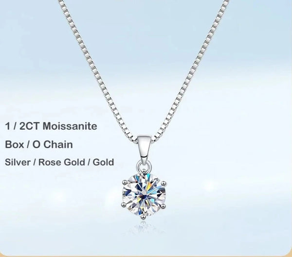 925 Sterling Silver Moissanite Pendant Necklace - 1 or 2 Carat - 2 chain types - 3 Colours