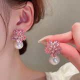 Fashion Pink Crystal Imitation Pearl Snowflake Stud Earrings