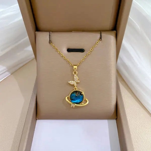 Stainless Steel Gold Plated Blue Planet Butterfly Necklace