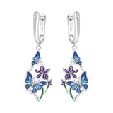 925 Sterling Silver Purple/Blue Flower/Butterfly Hoop Drop Earrings