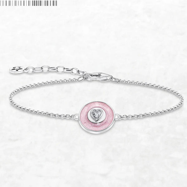 925 Sterling Silver Pink Disc Heart Cubic Zirconia Bracelet