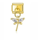 Stainless Steel Gold Colour DragonFly Hanging Italian Charm