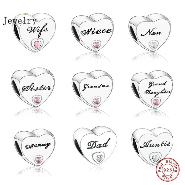 925 Silver Pink CZ Family Heart Charm - 50 Options