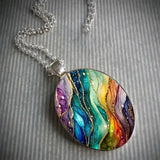 Fashion Rainbow Ripple Oval Glass Pendant Necklace