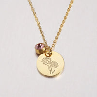 Stainless Steel Birth Month Floral Disc Necklace - 3 Colours - 12 Options
