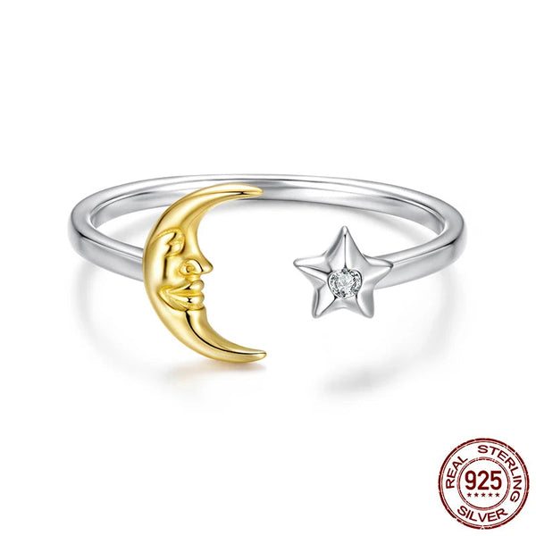925 Sterling Silver Moon Star Open Ring