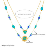 Stainless Steel Double Chain Bead Turquoise Heart Disc Necklace