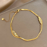 Fashion Stainless Steel Gold Leaves Double Layer Anklet