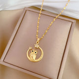 Stainless Steel Crescent Moon/Owl CZ Necklace