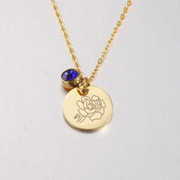 Stainless Steel Birth Month Floral Disc Necklace - 3 Colours - 12 Options