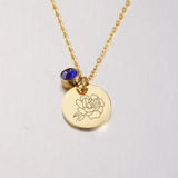 Stainless Steel Birth Month Floral Disc Necklace - 3 Colours - 12 Options