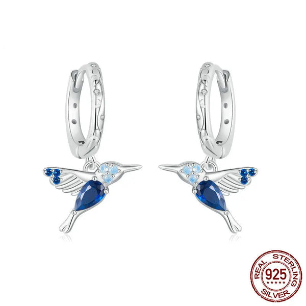 925 Sterling Silver Blue CZ Hummingbird Hoop Earrings
