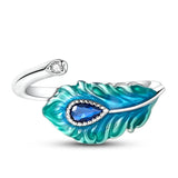 925 Sterling Silver Peacock Glazed Feather Open Ring