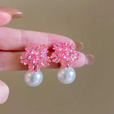 Fashion Pink Crystal Imitation Pearl Snowflake Stud Earrings