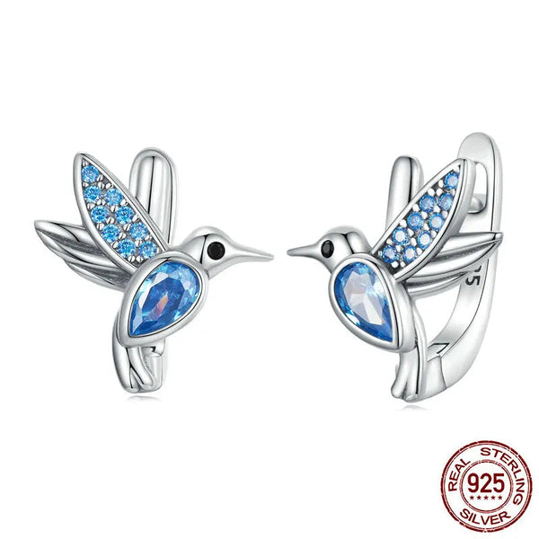 925 Sterling Silver Blue Hummingbird Earrings