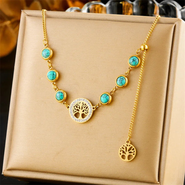 Stainless Steel Gold-plated Turquoise Tree of Life Necklace