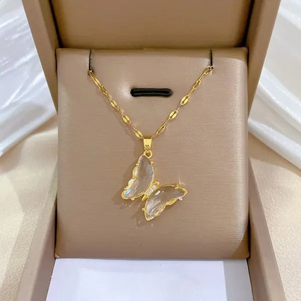 Stainless Steel Gold Plated Clear Crystal Butterfly Necklace