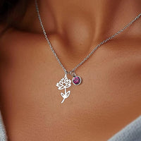 Stainless Steel Birthstone Birth Flower Necklace - 12 Options