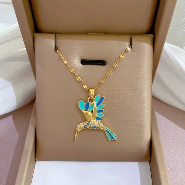 Stainless Steel Gold Plated Blue Hummingbird Necklace
