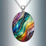 Fashion Rainbow Ripple Oval Glass Pendant Necklace