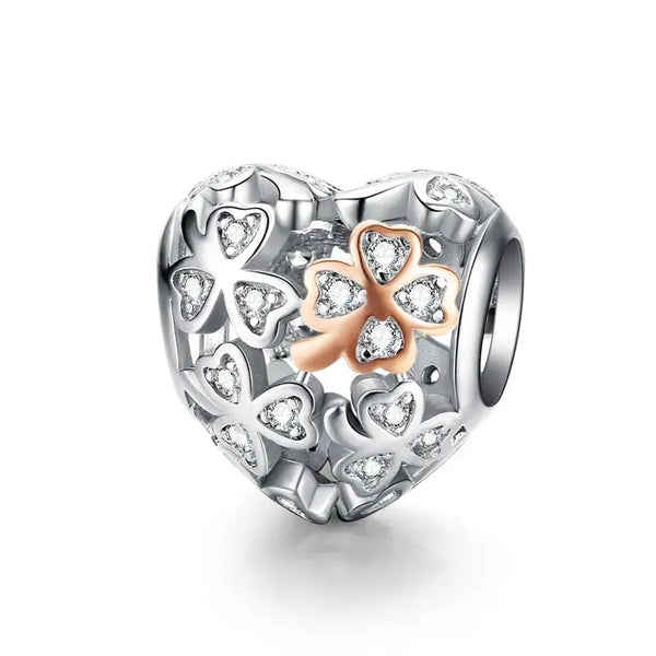 925 Sterling Silver Rose Gold Accent Lucky Clover Heart Bead Charm
