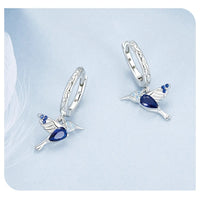 925 Sterling Silver Blue CZ Hummingbird Hoop Earrings