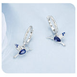 925 Sterling Silver Blue CZ Hummingbird Hoop Earrings