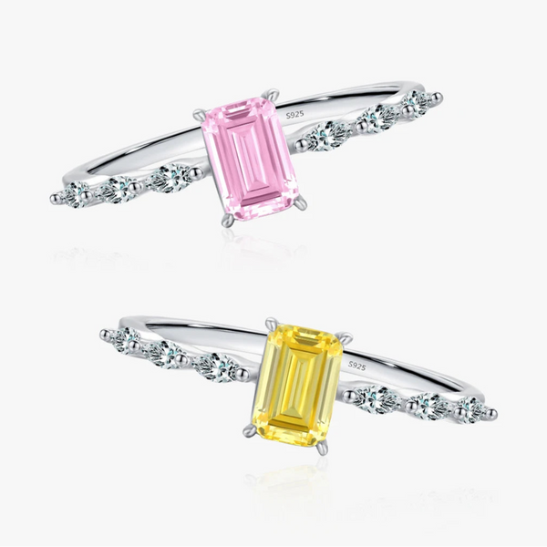 925 Sterling Silver Emerald Cut Pink or Yellow CZ Ring