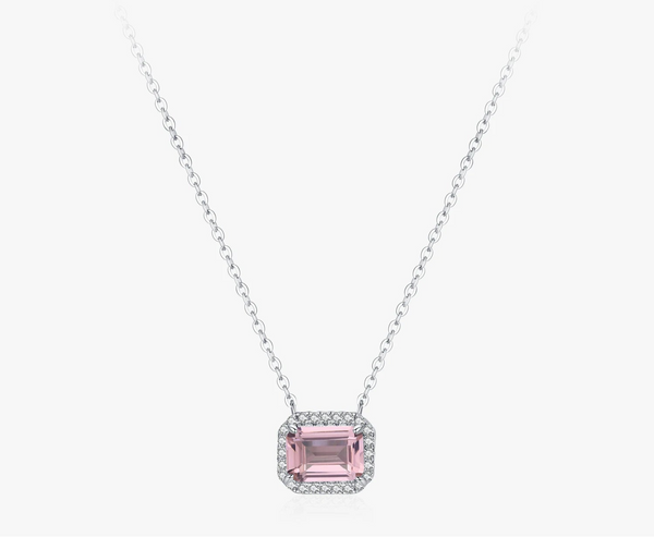 925 Sterling Silver Romantic Pink Emerald Cut CZ Necklace