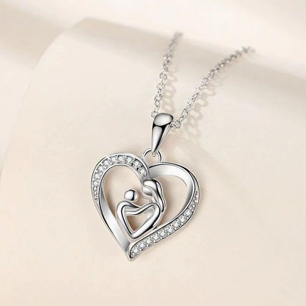 925 Sterling Silver Love Heart Mother and Child Necklace