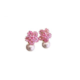 Fashion Pink Crystal Imitation Pearl Snowflake Stud Earrings