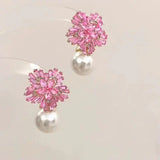 Fashion Pink Crystal Imitation Pearl Snowflake Stud Earrings