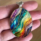 Fashion Rainbow Ripple Oval Glass Pendant Necklace