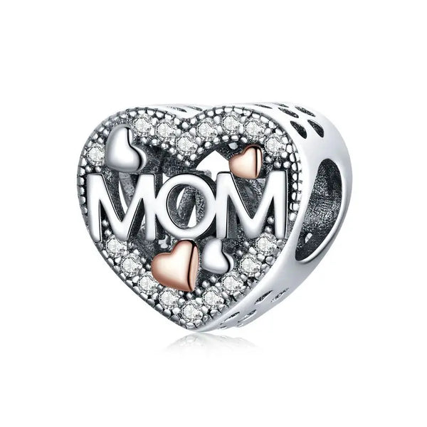 925 Sterling Silver Rose Gold Accent Mom Heart Bead Charm