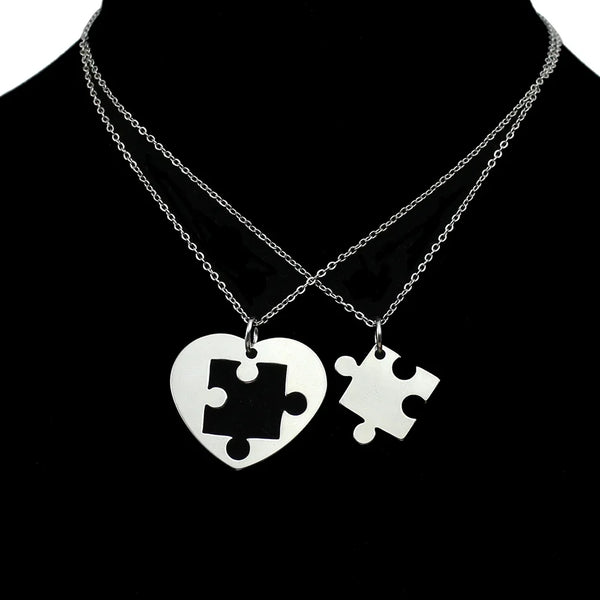 2PCS/Set Stainless Steel Puzzle Heart Necklace