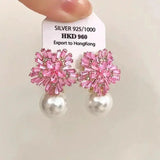 Fashion Pink Crystal Imitation Pearl Snowflake Stud Earrings
