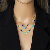 Stainless Steel Double Chain Bead Turquoise Heart Disc Necklace