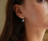 925 Sterling Silver Blue CZ Hummingbird Hoop Earrings