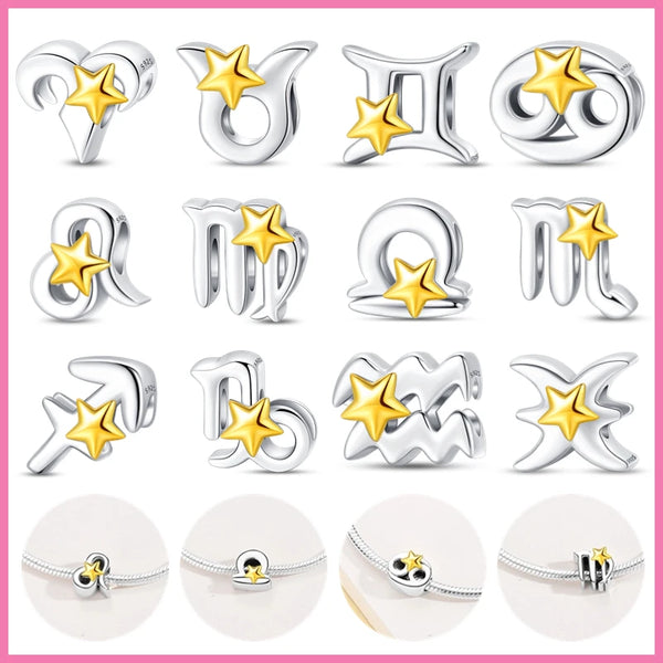 925 Sterling Silver Golden Star 12 Zodiac Charm